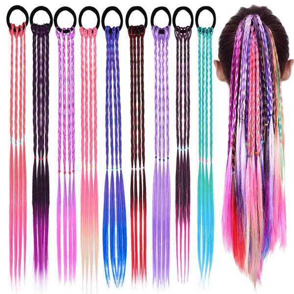 18 PCS Girls Hair Extensions,Colored Braids Hair Extensions with Rubber Bands,Rainbow Braided Synthetic Hairpieces Ponytail Kids Hair Extensions,Kids Twist Braid Rope Headdress Girls Hair Accessories