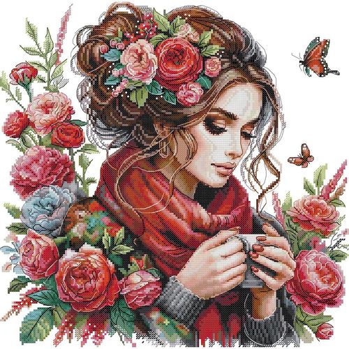 CROSSDECOR Stamped Cross Stitch Kits for Adults Printed Cross-Stitch Supplies 14CT 2 Strands Needlepoint Kits for Beginners DIY Embroidery Kit Festal Crafts-Beauty 40×40 cm