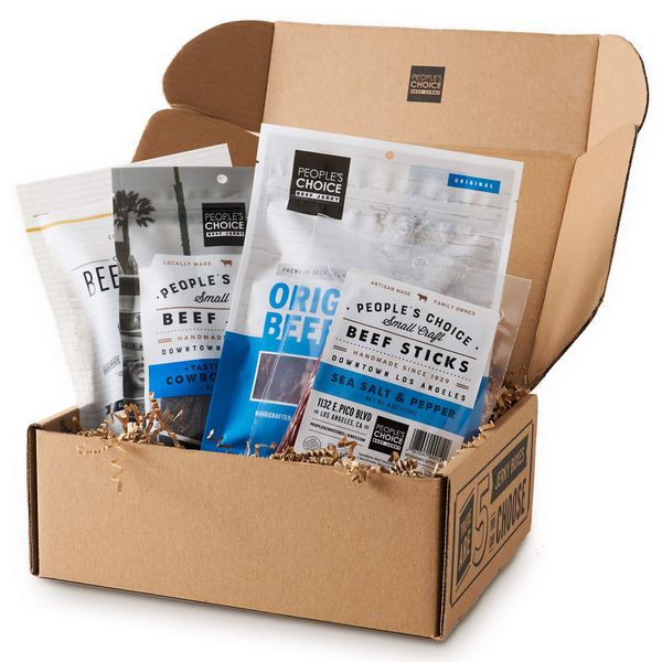 People's Choice Beef Jerky - Jerky Box - Simple & Savory - Dad Gift for Men - Protein Snacks Military Care Package - Christmas Presents for Men - Meat Snack Sampler Gift Basket - 4 Bags