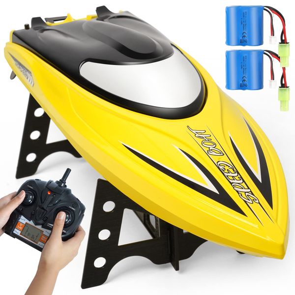 Zyerch RC Boat - Remote Control Boat for Pools and Lakes, 25 km/h Fast RC Boats for Adults and Kids, 2.4Ghz Self-Righting Racing Boats with 2 Rechargeable Battery, Low Battery Alarm, Yellow