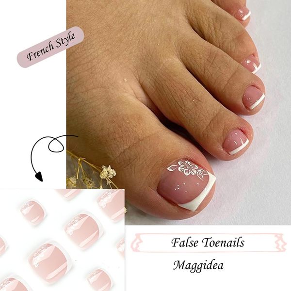 False Toe Nails, French Press On Nails for Toe Nails French Style Flower and Lear Design Stick On Nails Full Cover with Glue for Women and Girl DIY at Home Manicure(Flower)