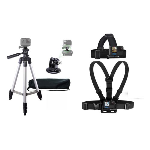 Acuvar 4 Pack Action Camera Accessory Kit, 50" Aluminium Tripod, Tripod Adapter, Chest Mount Harness & Head Strap Perfect for Action Cameras and Outdoor Adventures