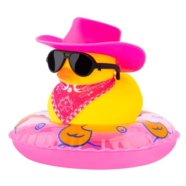 wonuu Car Rubber Duck Decoration, Cute Car Accessories West Cowboy Duck Car Dashboard Decoration with Mini Swim Ring Cowboy Hat Scarf and Sunglasses