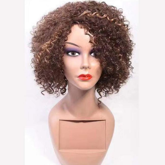 Volvetwig Curly Wig Human Hair Side Part None Lace Wig Human Hair Wig for Black Women Afro Kinky Curly Brown Color Mix Blonde Hair Short Wig Bob