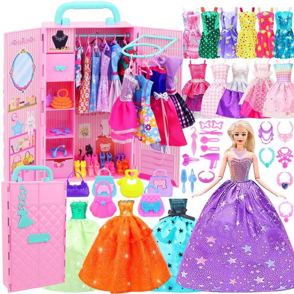 ZITA ELEMENT 108Pcs 11.5 Inch Girl Doll Closet with Clothes and Accessories, Party Dress Gowns, Fashion Dresses, Shoes, Swimsuits, Necklaces, Doll Wardrobe for Toddlers 3 Ages and Up