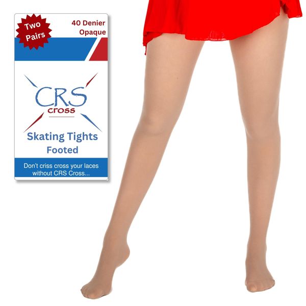 CRS Cross Skating Tights (2 Pair) Footed Figure Skate Tights Sheer 40 Denier Performance for Competition, Practice, Ice Skating and Dance-Women Medium Light Tan