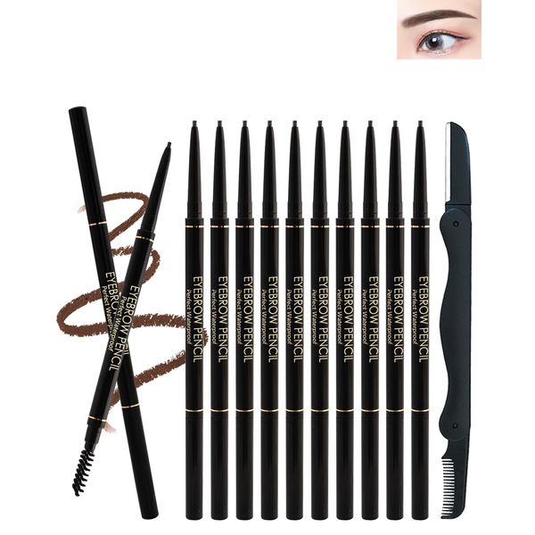 12Pcs Waterproof Brown Eyebrow Pencil Set, Professional Brow Micro Eyebrow Retractable Pencil, Ultra Fine Long Lasting for Perfect Eye Liner Brows Women Eye Makeup Shaping & Filling Brow Gel Pen- 03