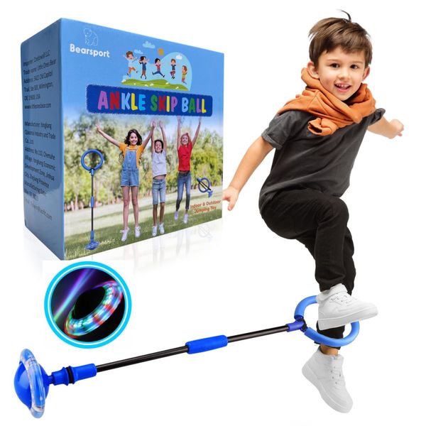 Bearsport Ankle Skip Ball for Kids - Foldable Flash Wheel Skip-it Ball - Outdoor Indoor Fitness Jump Rope Game Toys - Gifts for Boys & Girls 5 6 7 8 9 10+ Years Old (Blue)