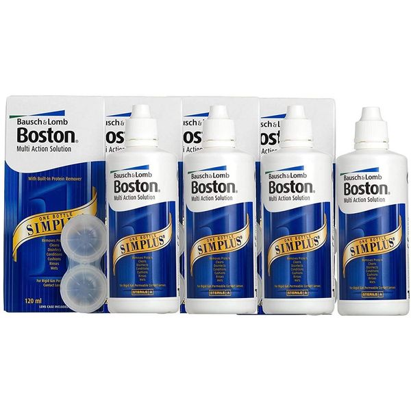 Boston Simplus Multi-Action Solution, 4x 120ml Contact Lens Solution for Rigid Gas Permeable Contact Lenses - Clean, Disinfect & Condition with 4x Lens Cases