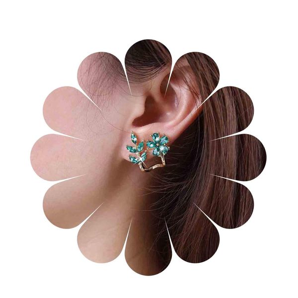 Sttiafay Vintage Emerald Flower Ear Cuff Earrings Green Crystal Flower Earrings Crystal Leaf Stud Earrings Emerald Leaf Earrings Jewelry for Women and Girls