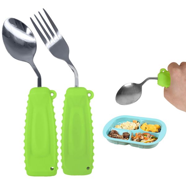 Adaptive Utensils, Weight Utensils for Tremors and Parkinson Patients, Utensil Set Spoon and Fork for Elderly (1 Set Green Right Hand)