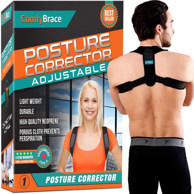 ComfyBrace Posture Corrector-Back Brace for Men and Women- Fully Adjustable  Straightener for Mid, Upper Spine Support- Neck, Shoulder, Clavicle and