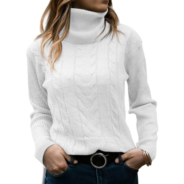 Womens Turtleneck Sweaters Long Sleeve Pullover Cable Knit Sweaters Soft Jumper White