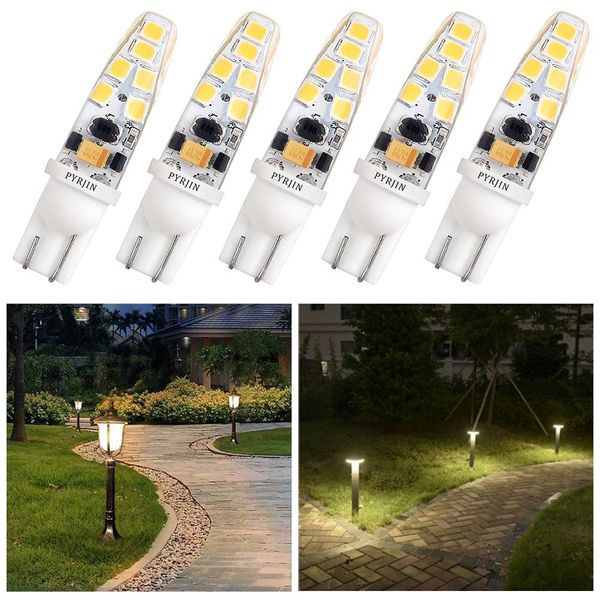 T5 T10 Wedge Base Led Bulbs 12v Low Voltage Landscape, Pyjr Ac/Dc 12V, 2W 200Lm, 3000K Warm White, for Landscape Pathway Lighting, Deck Stair, Step, and Automotive Rv Lights. (Pack of 5)