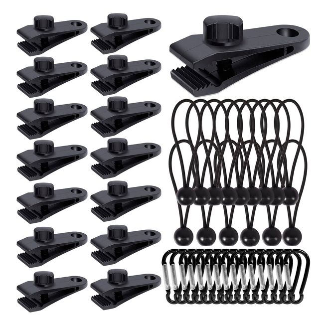 45Pcs Tarp Clips Heavy Duty Lock Grip with Carabiner Clips and Bungee Cords Set, Tarp Clamps Shark Tarp Fasteners Awning Clips Tent Clips Tarp Tie Down for Awnings Camping Caravan Canopies