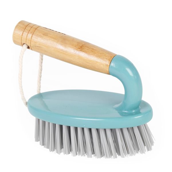 Salter LASAL71403C2EU7 Scrubbing Brush With Wooden Handle, Strong/Durable Stiff Bristles, Recycled Plastic, Scrub Floors, Grout, Bathroom/Kitchen Tile, Cool Hues Collection, FSC®-certified, Blue/Grey