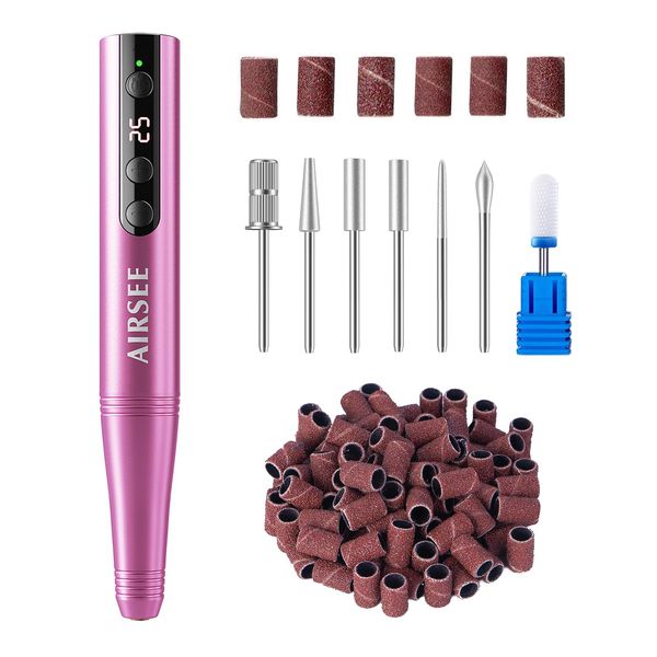 AIRSEE NH4 Electric Cordless Nail Drill Rechargeable 25000 RPM E-File for Manicure Pedicure Acrylic Polish Gel Remover Professional Portable Fingernail Grinder HD Screen 56 Sanding Bands 6 Bits Pink