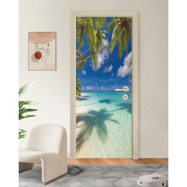 FLFK Door Sticker - Beach and Palm Tree Wall Mural, Door Decal Peel and Stick, Removable Self-Adhesive Door Wallpaper for Home Decor, 30.3" W x 78.7" L, Set of 2 Sheets