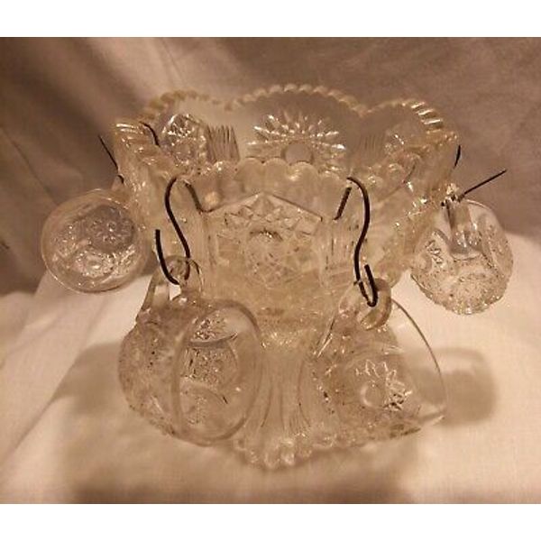 Antique ca.1910 Indiana Glass Toy/Child Punch Bowl and 4 Cups, Oval Star EAPG