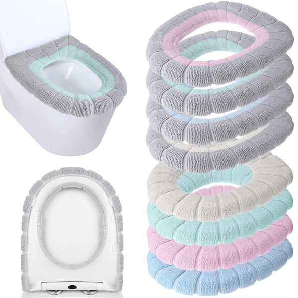 Moukeren 8 Pcs 11.8 Inch Thicker Bathroom Toilet Seat Cover Pads Soft Comfortable Toilet Seat Cushion Cover Stretchable Toilet Seat Warmer Easy Installation Cushioned Lid Covers (Simple Colors)