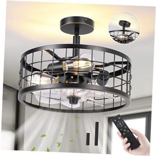 15" Caged Ceiling Fans With Light and remote,Farmhouse Black-Round 15in