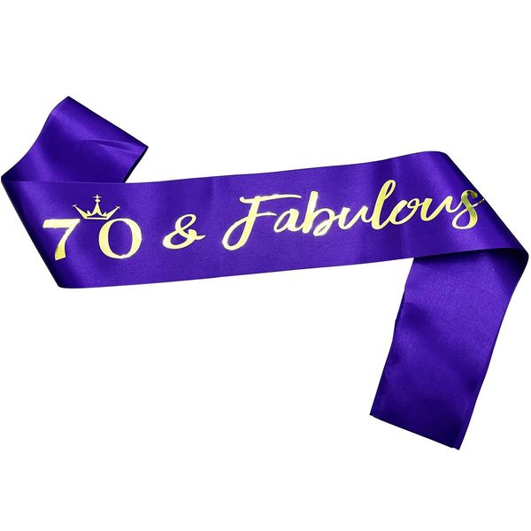 NAUXIUDSJS 70th Birthday Sash, Fabulous 70 Birthday Satin Sash with Gold Foil Words, Birthday Gift 70th Birthday Accessories Decorations Party Favor,Purple