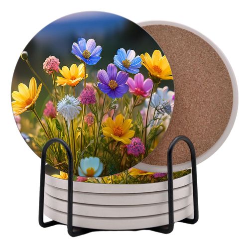Flowers Wildflowers Floral Round Coasters Set of 6 - Abosrbent Ceramic Coasters with Metal Stand for Drinks, Coffee, Non-Slip Cork Back for Tabletop Protection, 4 Inches (Wildflowers)