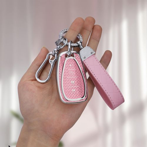 Seedwee for Chevy 4 Button key fob cover, Soft TPU Keys Protector Bling Key Fob Keychain for 2016-2024 Chevy Equinox Malibu Camaro Blazer Traverse Trax, Silver Pink