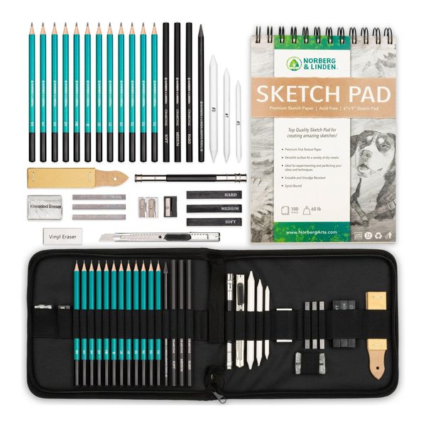 Norberg & Linden XL Drawing Set - Sketching, Graphite and Charcoal Pencils. Includes 100 Page Drawing Pad, Kneaded Eraser, Blending Stump. Art Kit and Supplies for Kids, Teens and Adults.