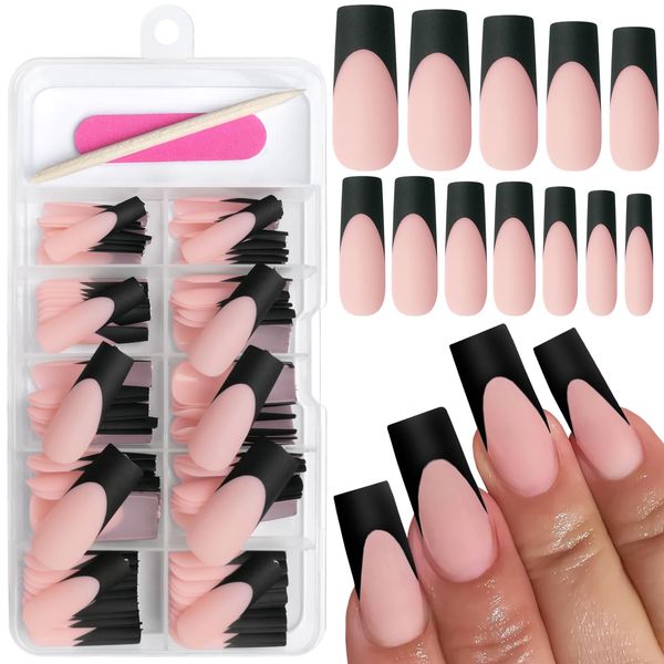 AddFavor 120pcs Black French Tip Press on Nails Long Square Fake Nails Nude False Nails Sqaure French Press ons Square Nail Acrylic Artificial Nail with Adhesive Tab for Women