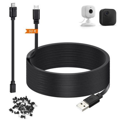 50ft Power Extension Cable Compatible with Blink Mini 2, Blink Mini and Blink Outdoor4, XT, XT2 Cameras - 15m Long Flat Charging Cord with 30cm Short USB C Waterproof Adapter, Black