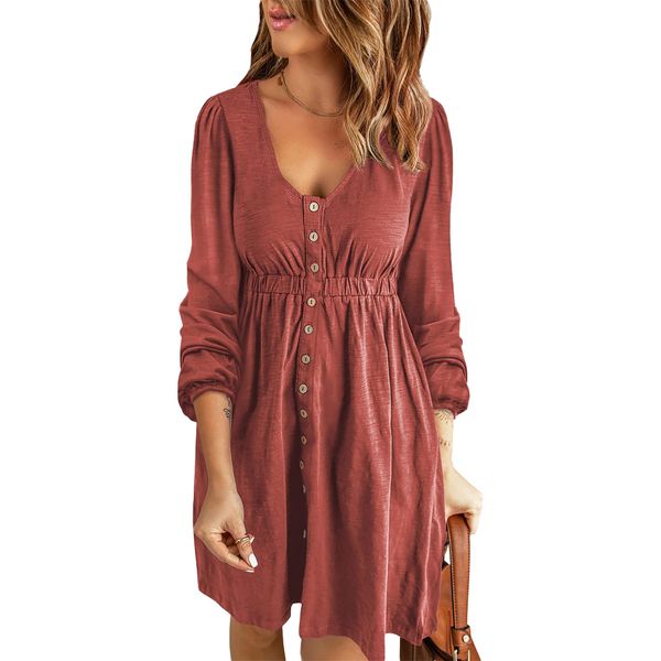 BTFBM Women 2024 Casual Button Down Spring Summer Dresses Long Sleeve Crew Neck Solid High Waist Short Tunic Mini Dress(Long Buttons Brick Red, X-Large)