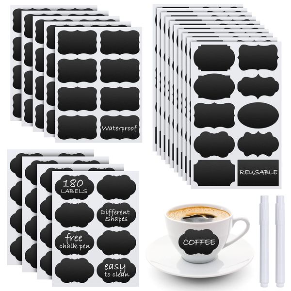 Chalkboard Labels - 180pcs Waterproof Reusable Blackboard Stickers with 2 Free Erasable White Chalk Marker, Mini Decorative Chalk Labels for Jars Containers Kitchen Home Pantry Office