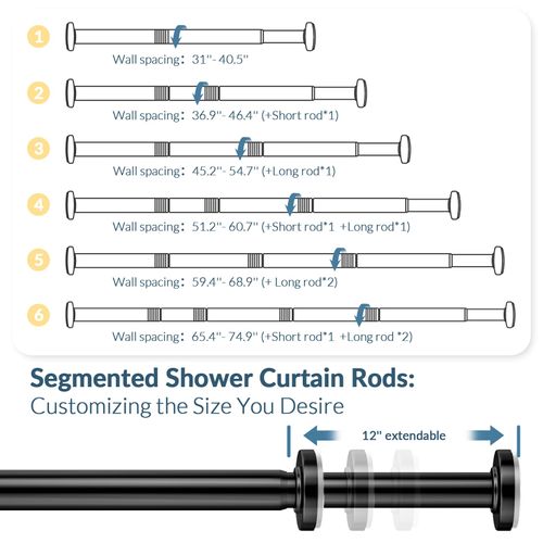 AmazerBath Spring Tension Shower Curtain Rod, 31-75 Inches Heavy Duty Shower Curtain Rod Rust Proof Bathroom Curtain Rod, Adjustable Shower Curtain Rod No Drill Easy Segmented Installation, Black