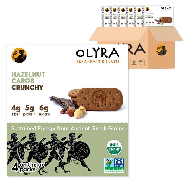 Olyra Breakfast Biscuits Hazelnut Carob | Kids Healthy Snacks | Low Sugar, High Fiber, Plant-Based Protein Cookies | Organic Breakfast Cookies with Ancient Greek Grains | Boost Energy and Immunity 4 Count (Pack of 6)