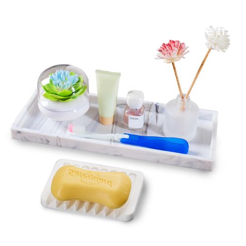 Bloss Silicone Bathroom Tray with Soap Holder - 7.9" Marble Vanity Trays for Bathroom Counter, Soap Dispenser Tray with Sponge Holder, Toilet Tank Tray, Great Storage Tray for Perfume, Jewelry Tray