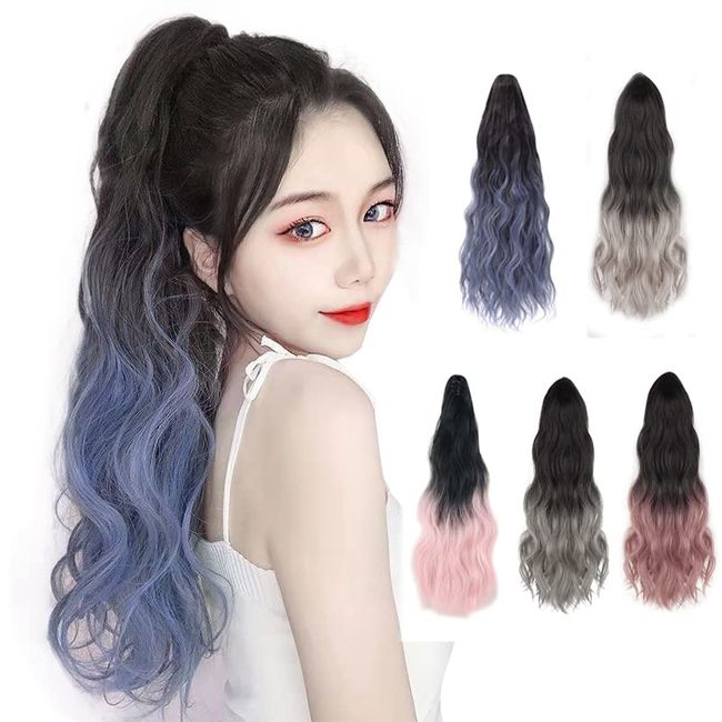 Women's Clip-on Gradient Ponytail Wig, Long, Curly Hair Extensions, Point Wig, 17.7 Inches (45 cm), 21.7 Inches (55 cm), Blue