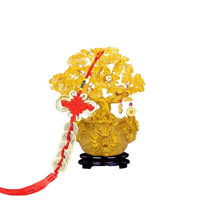 Fortune Tree Golden Tree Citrine Crystal Dragon Feng Shui Figurine Interior Praying for Money Good Luck Good Luck Praying for Prosperous Business Power Stone Thank You New Year Gift (Gold(S))