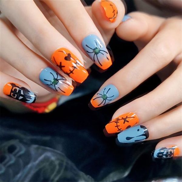 Short nail tips, fake nail tips, short nails, Halloween design, DIY nails, easy gel nails, nail stickers, cute Halloween, party, Bon Odori, photography accessories, eye-catching, popular Halloween, fake nail supplies, double-sided tape 48 sheets included 