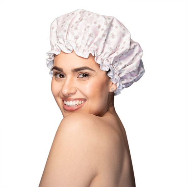 KISMETICS - Large Shower Cap, Reusable, Double Layer Lined with Soft Waterproof Material, Ruffle Trim, for All Hair Lengths (Pink Floral)