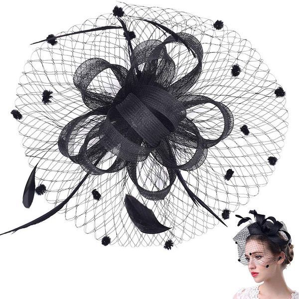 INTVN Hat Feather Mesh Net Veil Party Hat Ascot Hats Flower Derby Hat with Clip and Hairband for Women