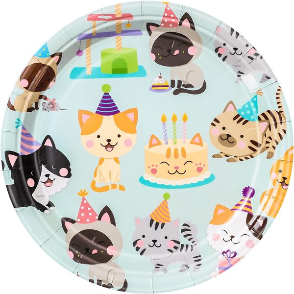 AnyDesign 30Pcs Cat Theme Plate Cat Birthday Party Disposable Plates 9 x 7 Inch Cartoon Kitten Plates Kitty Party Tableware for Cat Theme Birthday Baby Shower Party Tabletop Decor Supplies