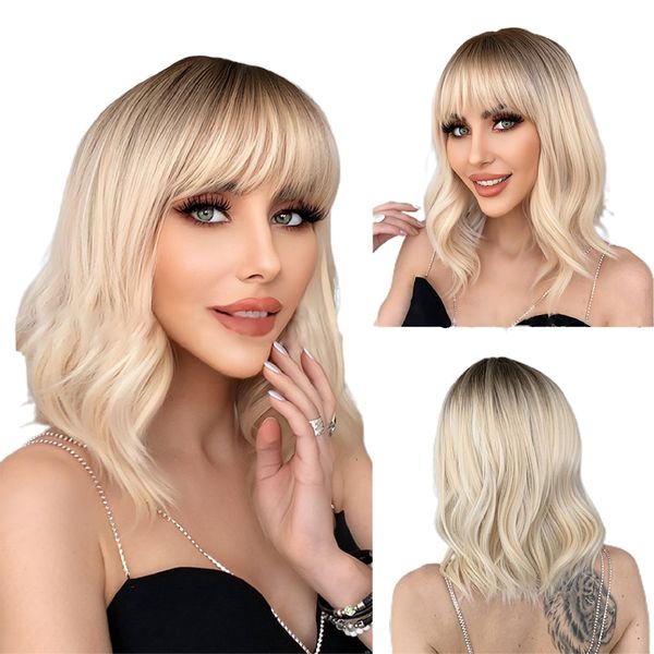 DULSPUE Hellblonde lockige Damenperücke,blonde perücke damen, kurz natürliches Kunsthaar, frauen,hitzebeständige Faser hellgoldener wig(35cm)