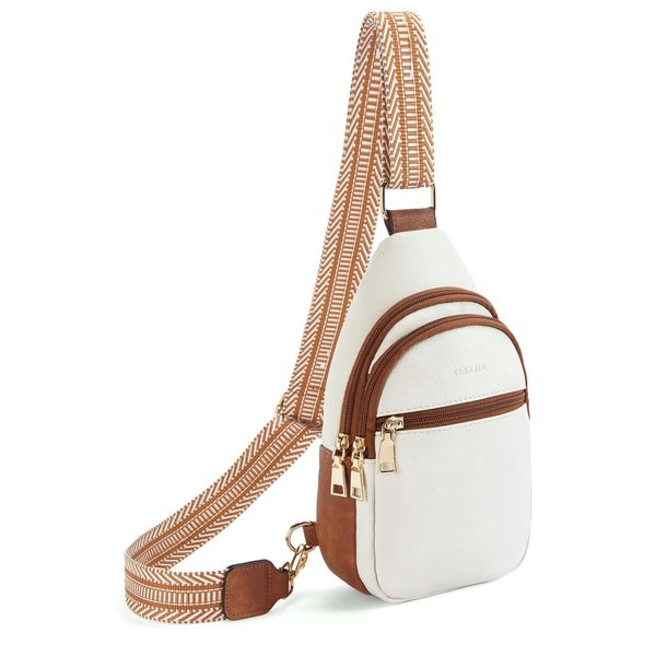 Telena Bauchtasche Damen, Sling Rucksack für Damen Umhängetasche Klein Crossbody Bag Kunstleder Frauen Sling Bag,Beige mit Braun