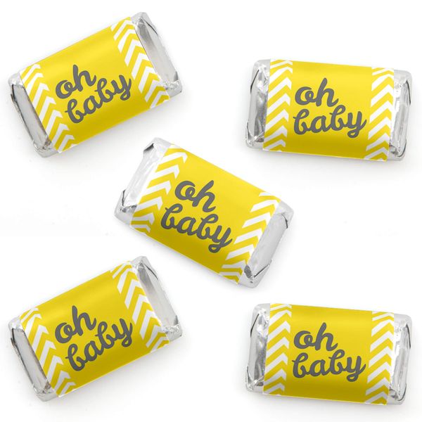 Hello Little One - Yellow and Gray - Mini Candy Bar Wrapper Stickers - Neutral Baby Shower Small Favors - 40 Count