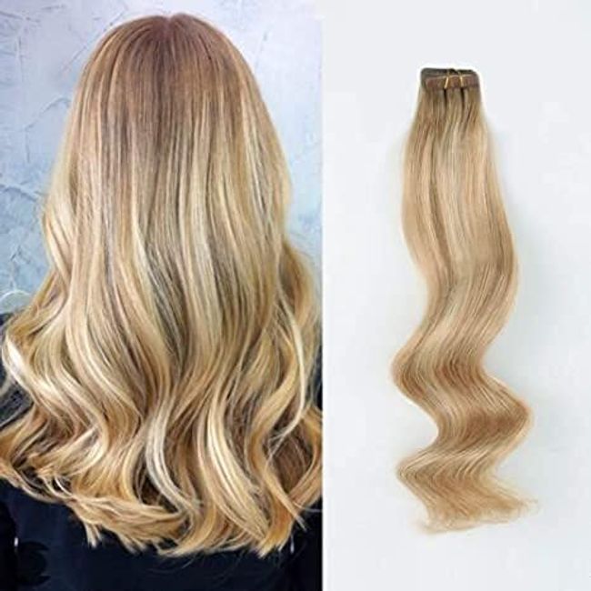 ABH AMAZINGBEAUTY HAIR Rooted with Highlights Remy Tape in Hair Extensions, 20 Pieces 50 Grams, Ash Brown Fading into Dirty Blonde with Platinum Blonde Highlights R8-12/60, 16 Inch
