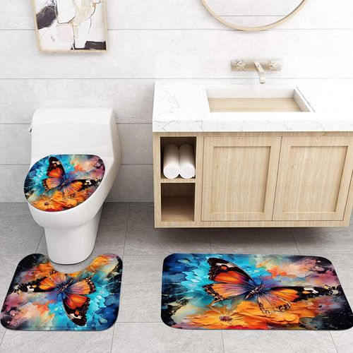 Pretyw 4 Pcs Flower Butterfly Shower Curtain Set with Non-Slip Rug, Toilet Lid Cover and Mat, Colorful Butterfly Shower Curtain with 12 Hooks,Waterproof Fabric Bath Curtain for Bathroom Decor