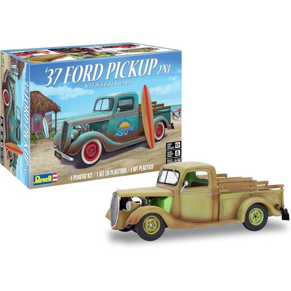 Revell 85-4516 1937 Ford Pickup Truck 2N1 w/Surf Board Model Car Kit 1:25 Scale 162-Piece Skill Level 4 Plastic Model Building Kit, Red