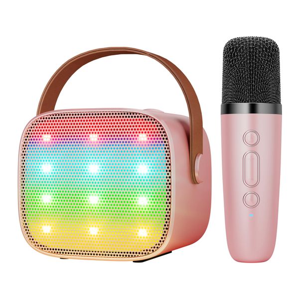 BONAOK Karaoke Machine Wireless Microphone Toy, Portable Wireless Bluetooth Karaoke Player, Rechargeable Karaoke Speaker with Microphone, Music Player with Lights Toy for Girls and Boys (Pink)