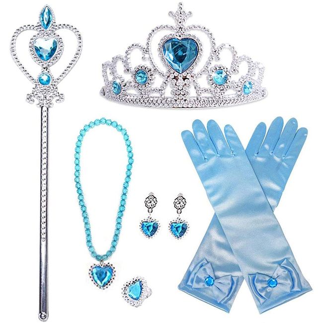 [Be-Unique] Frozen Princess Accessories Toy Set, Tiara, Bracelet, Necklace, Stick, Earrings, Rings, Gloves, Transformation, Kids, Costume Accessories, Perfect for Parties, Set of 6 (Blue)